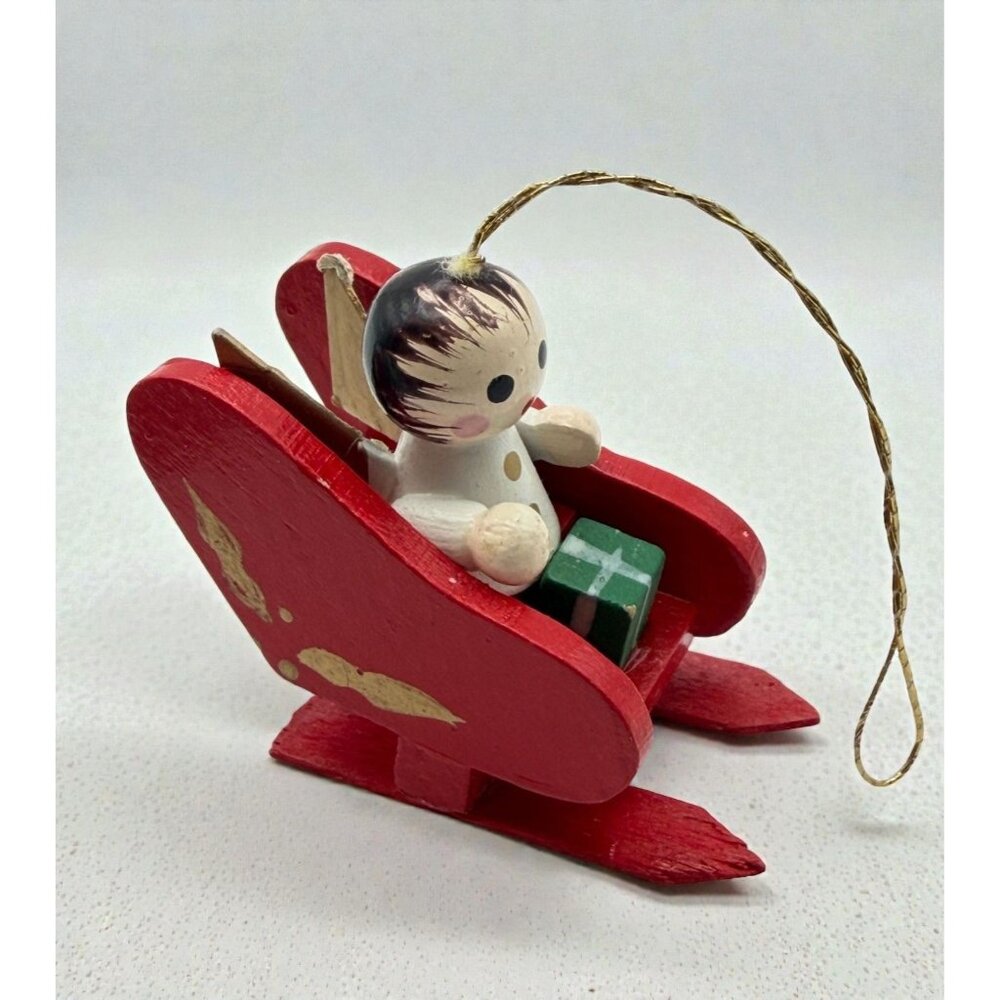Vintage Angel Christmas Ornament Wooden Sleigh Ride Wooden Red Mini